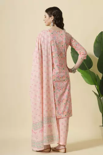  pink pure cotton floral,thread work kurta dupatta pant set