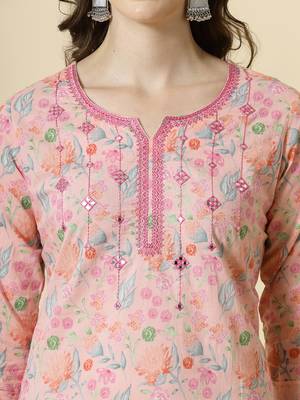  pink pure cotton floral,thread work kurta dupatta pant set 4