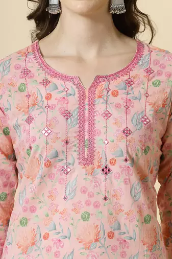  pink pure cotton floral,thread work kurta dupatta pant set