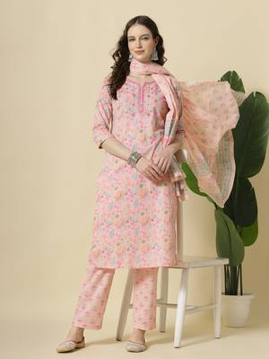  pink pure cotton floral,thread work kurta dupatta pant set 5
