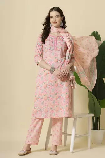  pink pure cotton floral,thread work kurta dupatta pant set