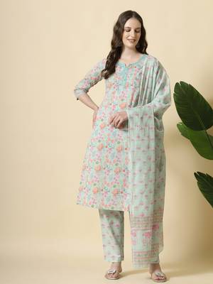  sea green pure cotton floral,thread work kurta dupatta pant set 1