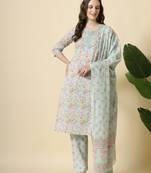  sea green pure cotton floral,thread work kurta dupatta pant set