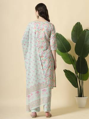  sea green pure cotton floral,thread work kurta dupatta pant set 3
