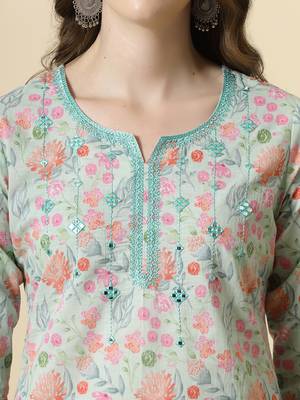  sea green pure cotton floral,thread work kurta dupatta pant set 4