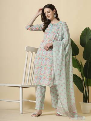  sea green pure cotton floral,thread work kurta dupatta pant set 5