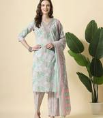  green pure cotton floral print,thread work kurta set with pant & dupatta