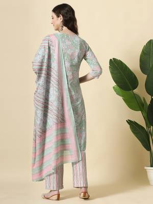  green pure cotton floral print,thread work kurta set with pant & dupatta 3