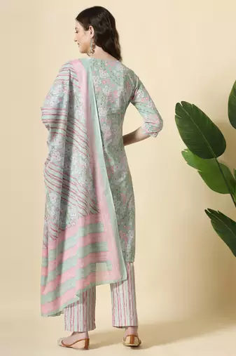  green pure cotton floral print,thread work kurta set with pant & dupatta
