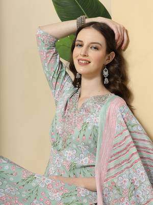  green pure cotton floral print,thread work kurta set with pant & dupatta 5