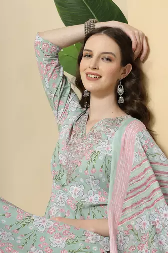  green pure cotton floral print,thread work kurta set with pant & dupatta