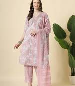  pink pure cotton floral print,thread work kurta set with pant & dupatta