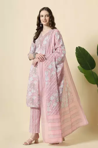  pink pure cotton floral print,thread work kurta set with pant & dupatta