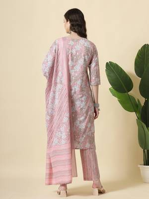  pink pure cotton floral print,thread work kurta set with pant & dupatta 3