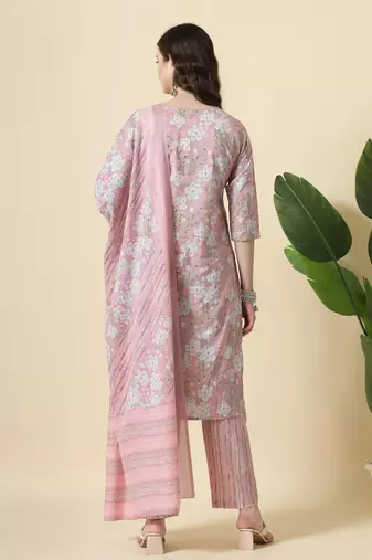  pink pure cotton floral print,thread work kurta set with pant & dupatta