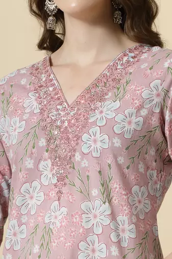  pink pure cotton floral print,thread work kurta set with pant & dupatta