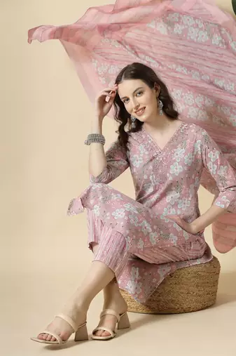  pink pure cotton floral print,thread work kurta set with pant & dupatta