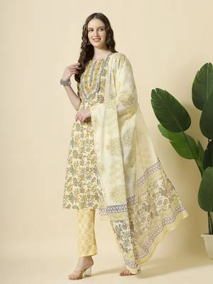  cream and brown cotton sequins work kurta set with pant & dupatta 1