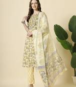  cream and brown cotton sequins work kurta set with pant & dupatta