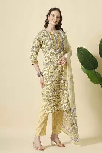  cream and brown cotton sequins work kurta set with pant & dupatta