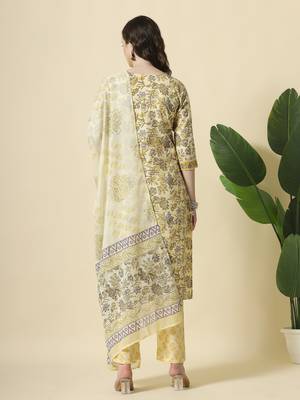  cream and brown cotton sequins work kurta set with pant & dupatta 3