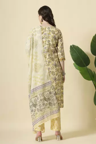  cream and brown cotton sequins work kurta set with pant & dupatta
