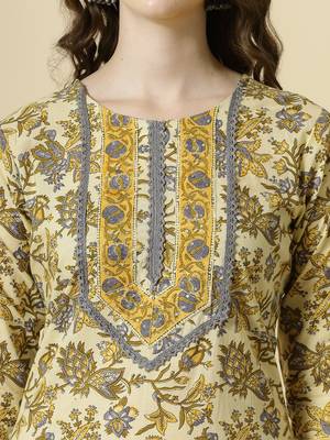  cream and brown cotton sequins work kurta set with pant & dupatta 4