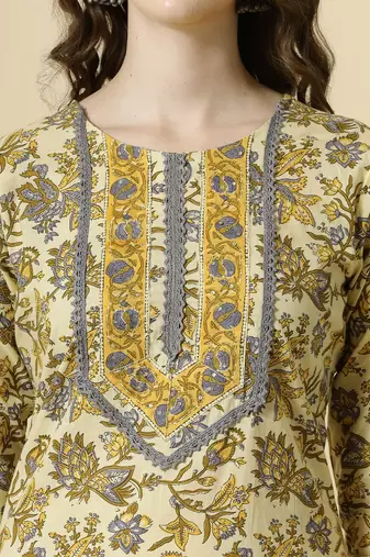  cream and brown cotton sequins work kurta set with pant & dupatta