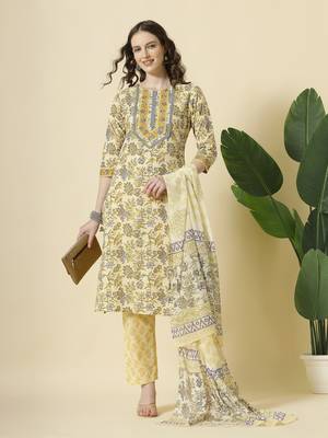  cream and brown cotton sequins work kurta set with pant & dupatta 5