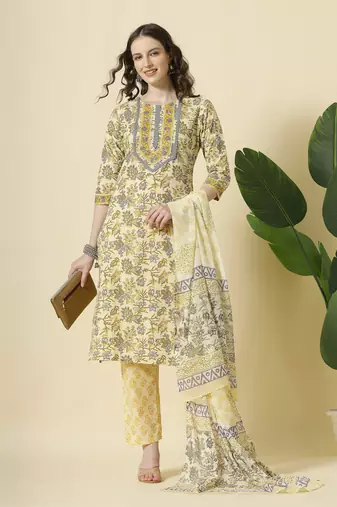  cream and brown cotton sequins work kurta set with pant & dupatta