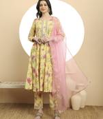  yellow printed silk embroidered kurta dupatta set