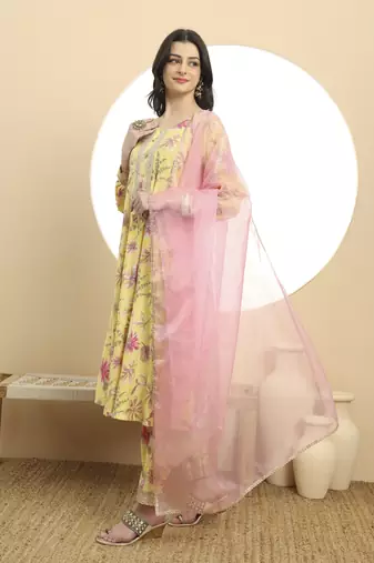  yellow printed silk embroidered kurta dupatta set