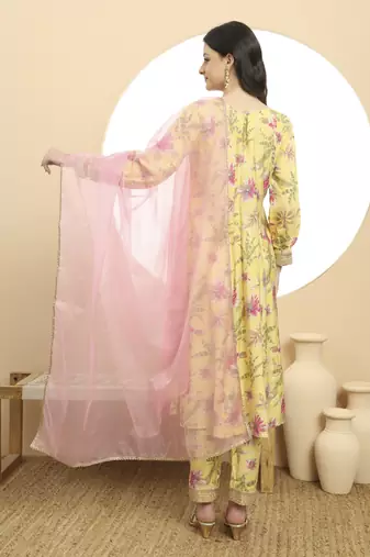  yellow printed silk embroidered kurta dupatta set