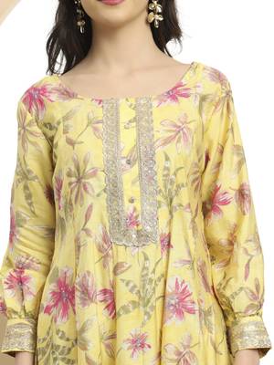  yellow printed silk embroidered kurta dupatta set 4