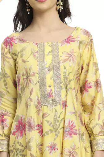  yellow printed silk embroidered kurta dupatta set
