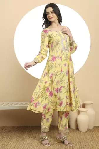  yellow printed silk embroidered kurta dupatta set