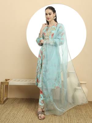  blue printed silk embroidered kurta dupatta set 2