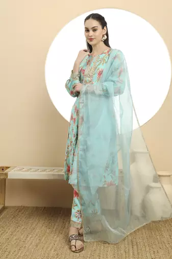  blue printed silk embroidered kurta dupatta set