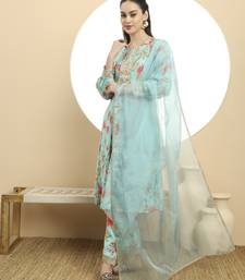 blue printed silk embroidered kurta dupatta set