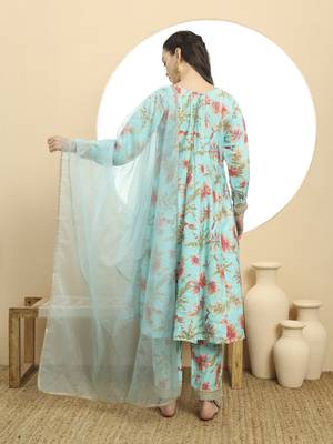  blue printed silk embroidered kurta dupatta set 3
