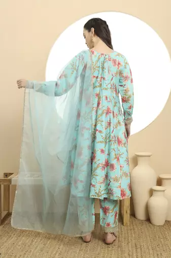  blue printed silk embroidered kurta dupatta set