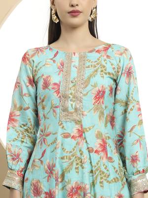  blue printed silk embroidered kurta dupatta set 4