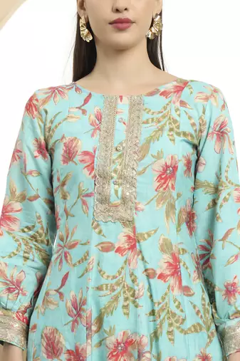  blue printed silk embroidered kurta dupatta set