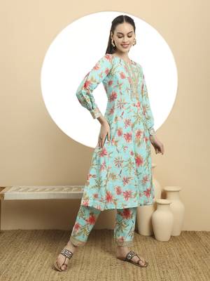  blue printed silk embroidered kurta dupatta set 5