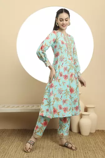  blue printed silk embroidered kurta dupatta set