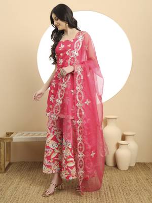  pink cotton sleeveless kurta palazzo dupatta set 2