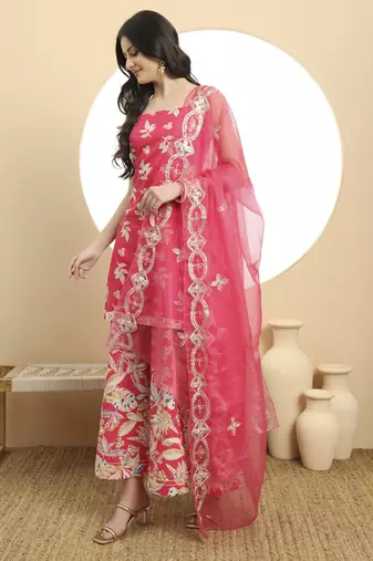  pink cotton sleeveless kurta palazzo dupatta set