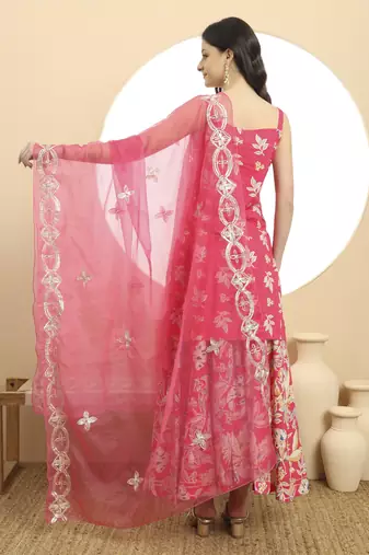  pink cotton sleeveless kurta palazzo dupatta set