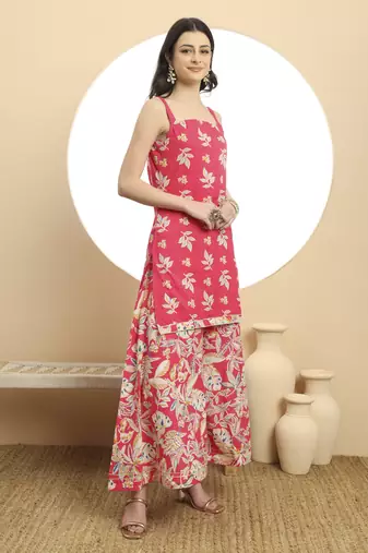  pink cotton sleeveless kurta palazzo dupatta set