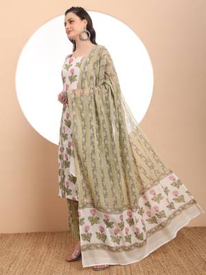  white and green floral print straight kurta trouser dupatta set cotton lining 1